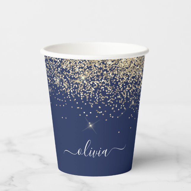 Gobelets En Papier Paillet Monogramme Bleu Nuit Or (Recto)