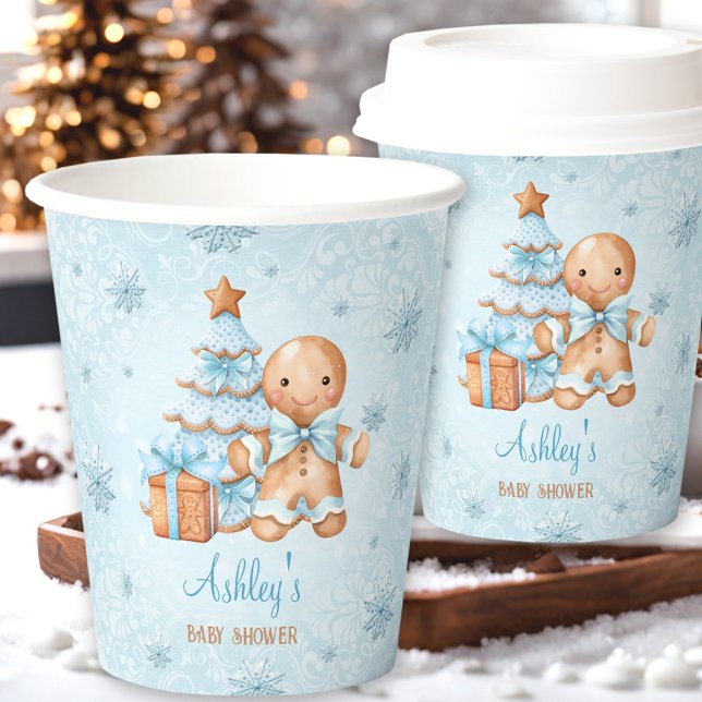 Gobelets En Papier Pain d'épices Homme garçon Baby shower de Noël ble (Gingerbread Man Boy Blue Christmas Baby Shower Paper Cups)