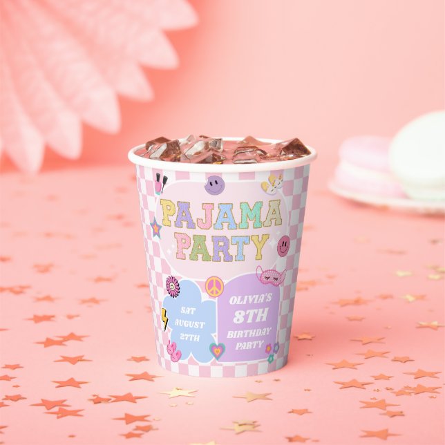 Gobelets En Papier Pajama Party Preppy Varsity Patch Anniversaire (Insitu)