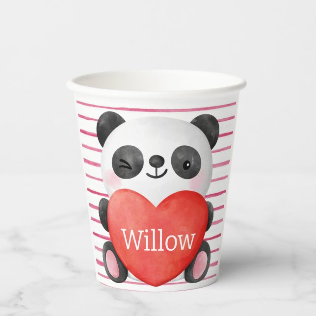 Gobelets En Papier Panda Girl with Heart Saint Valentin Anniversaire (Recto)