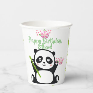 Gobelets En Papier Panda heureux avec bambou et fleurs de cerisiers