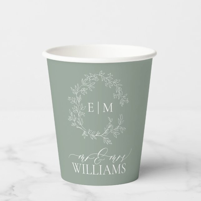 Gobelets En Papier Pap Mariage de monogramme vert Sage moderne (Recto)