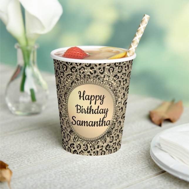 Gobelets En Papier Papier Empreinte de léopard Gold Glam Parties scin (Insitu)