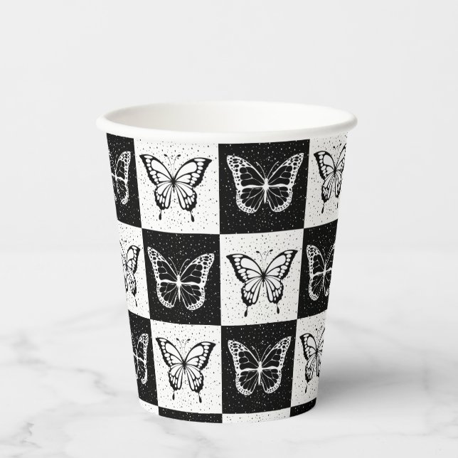 Gobelets En Papier Papillon blanc noir À damiers bloc (Recto)
