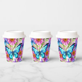 Gobelets En Papier Papillon bleu dans un champ de fleurs