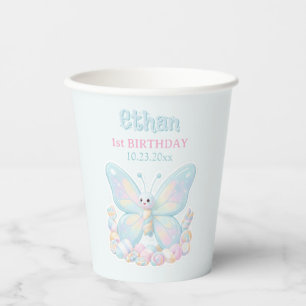 Gobelets En Papier Papillon de Bonbon de Coton Bleu Anniversaire