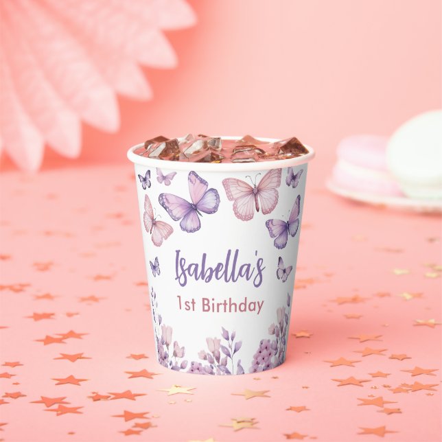 Gobelets En Papier Papillon floral rose pourpre fille 1er anniversair (Insitu)