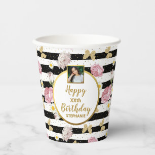 Gobelets En Papier Papillon rose floral or Photo personnalisée Annive