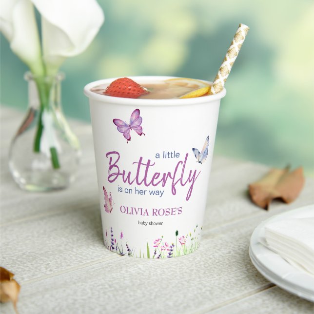 Gobelets En Papier Papillon rose mou Purple Baby shower fille (Insitu)