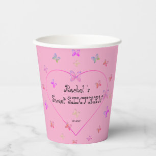 Gobelets En Papier Papillons de coeur rose doux 16 Anniversaire