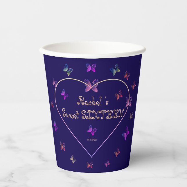 Gobelets En Papier Papillons de coeur rose doux 16 Anniversaire (Recto)