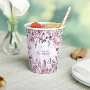 Gobelets En Papier Papillons et Fleurs sauvages blancs