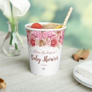 Gobelets En Papier Papillons floraux Baby shower rose