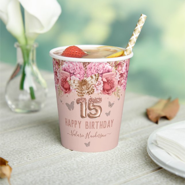 Gobelets En Papier Papillons floraux rose heureux 15e anniversaire (Insitu)