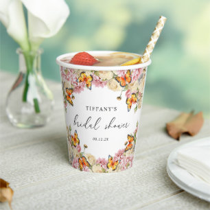 Gobelets En Papier Papillons Modernes Pivoines Roses Fête de Mariage