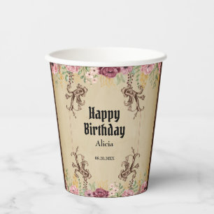 Gobelets En Papier Parchemin vintage de fleurs d'or de Maron
