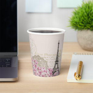Gobelets En Papier Paris France Tour Eiffel avec Fleurs Roses