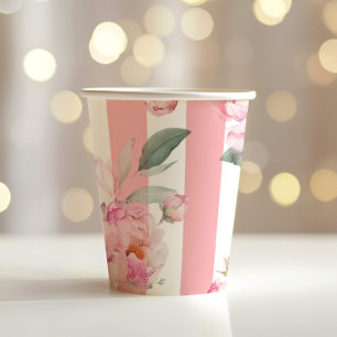 Gobelets En Papier Paris thème rose rayures florales pivoine nuptiale