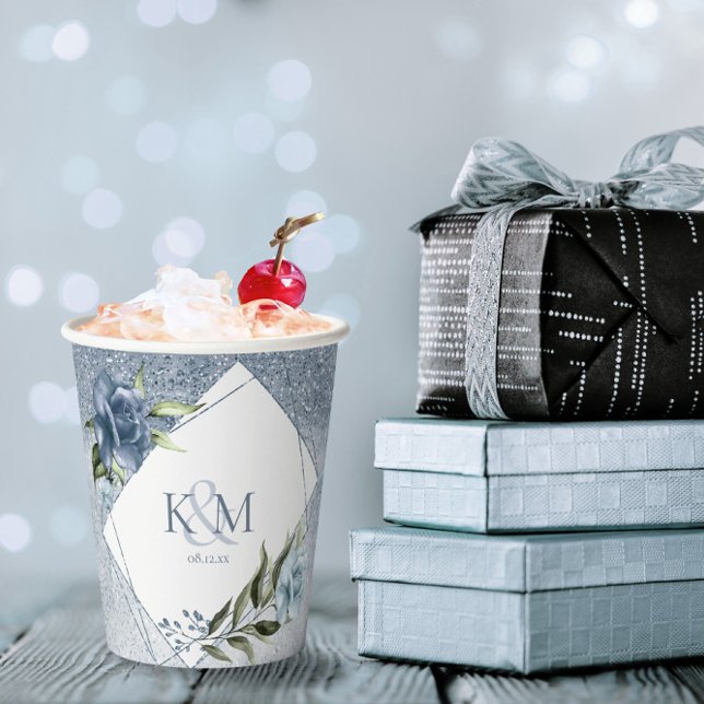 Gobelets En Papier Parkles Floral Mariage Initiales Dusty Blue ID889 (Créateur téléchargé)