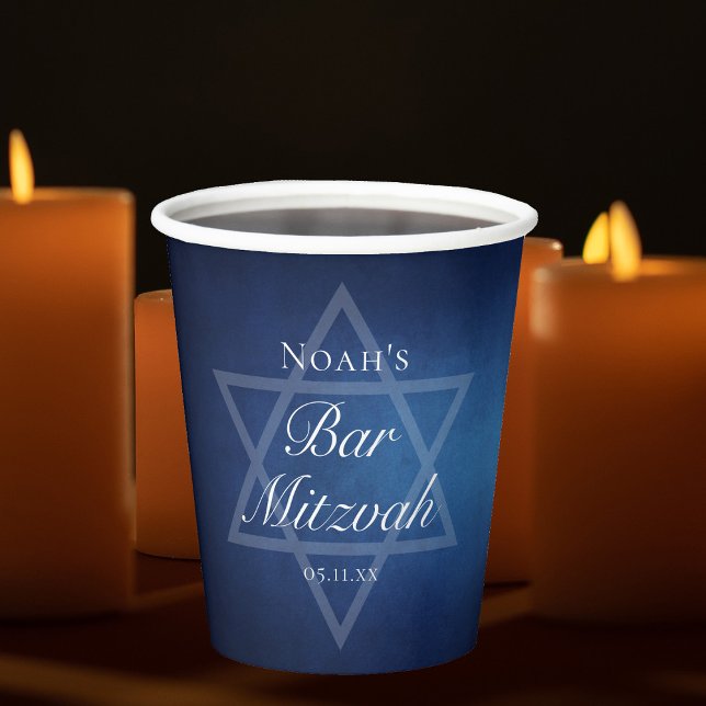 Gobelets En Papier Parti moderne Blue Bar Mitzvah Personnalisé (Créateur téléchargé)