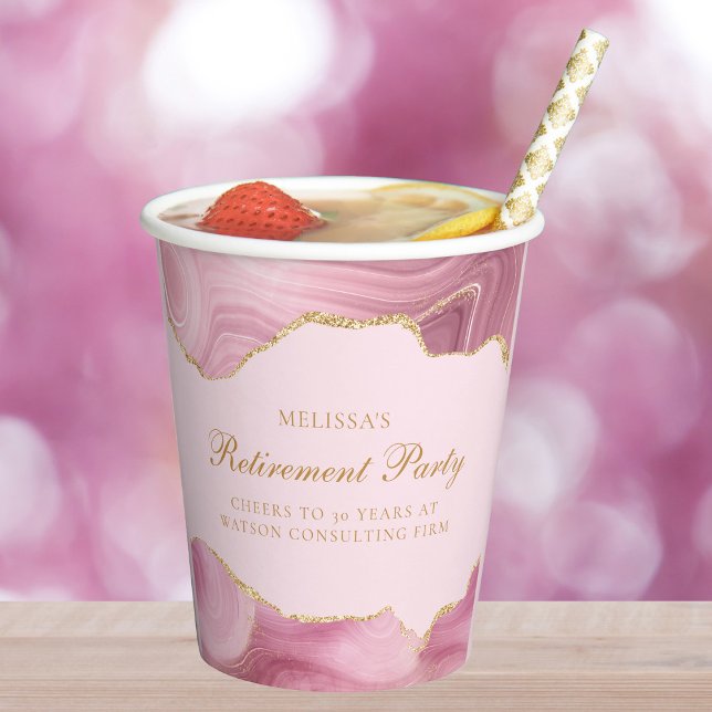 Gobelets En Papier Partie de retraite chic Pink Gold Agate personnali (Créateur téléchargé)