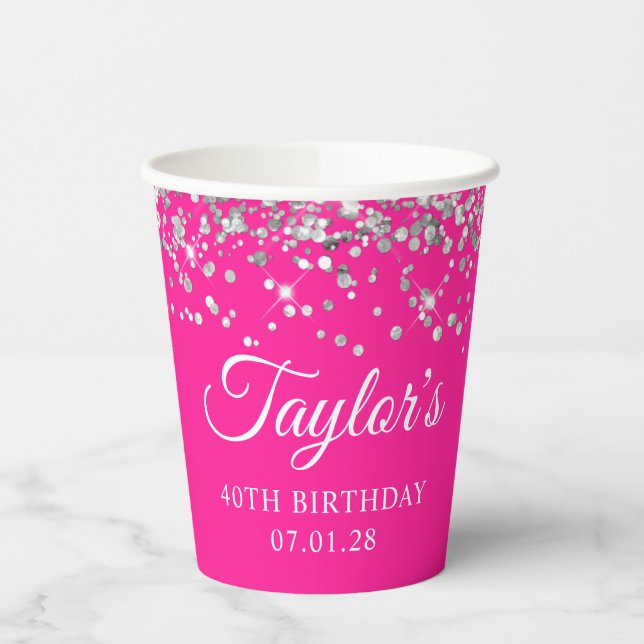 Gobelets En Papier Parties scintillant d'argent rose chaud 40e annive (Gauche)