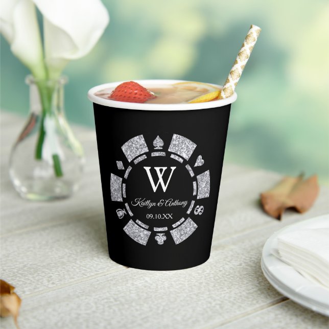 Gobelets En Papier Parties scintillant en argent Monogram Poker Chip  (Insitu)