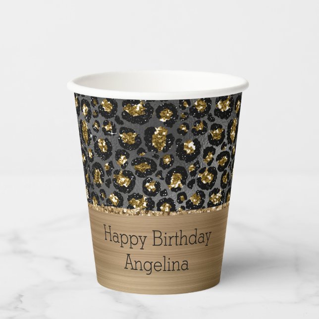 Gobelets En Papier Parties scintillant Léopard Noir Or (Recto)