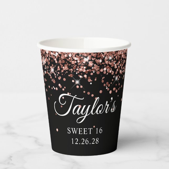 Gobelets En Papier Parties scintillant or rose Black Sweet 16 (Gauche)