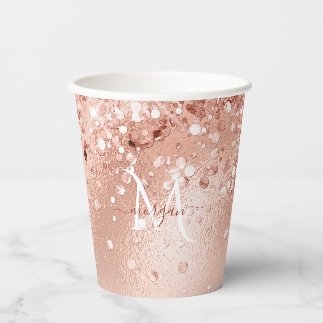 Gobelets En Papier Parties scintillant Peach Rose or Monogramme (Recto)