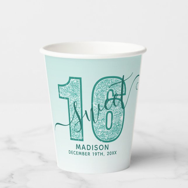 Gobelets En Papier Parties scintillant turquoise Script Sweet 16 Seiz (Recto)