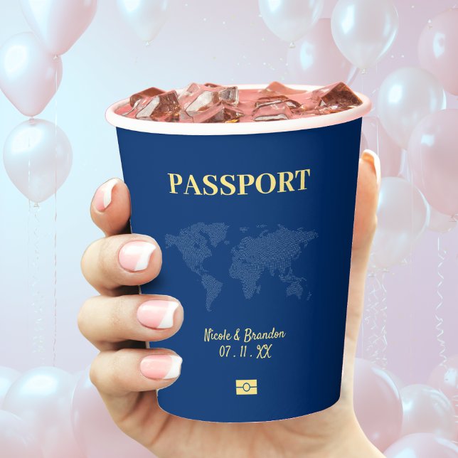 Gobelets En Papier Passeport bleu et jaune Destination Mariage (Blue & Yellow Passport Destination Wedding Paper Cups)