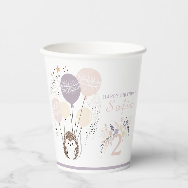 Gobelets En Papier Pastel Boho Hedgehog et Balloons Anniversaire (Recto)