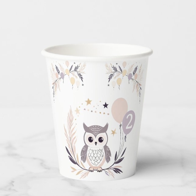 Gobelets En Papier Pastel Boho Owl et Balloons Anniversaire (Recto)
