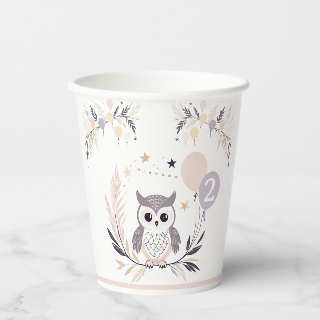 Gobelets En Papier Pastel Boho Owl et Balloons Anniversaire (Recto)