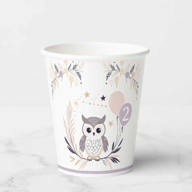 Gobelets En Papier Pastel Boho Owl et Balloons Anniversaire (Recto)