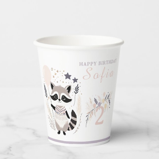 Gobelets En Papier Pastel Boho Raccoon et Ballons Anniversaire (Recto)