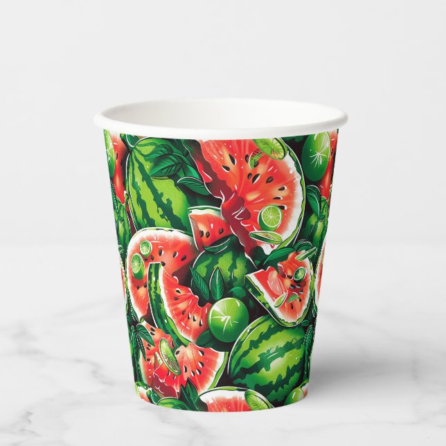 Gobelets En Papier pastèques, chaux, feuilles de pastèque, petite cha (Recto)