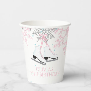 Gobelets En Papier Patinage Bleu Flocons de Neige Roses Anniversaire