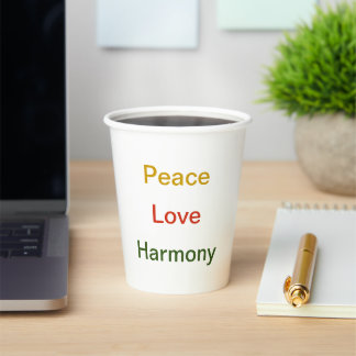 Gobelets En Papier Peace Love Harmony rouge vert or tasse de papier