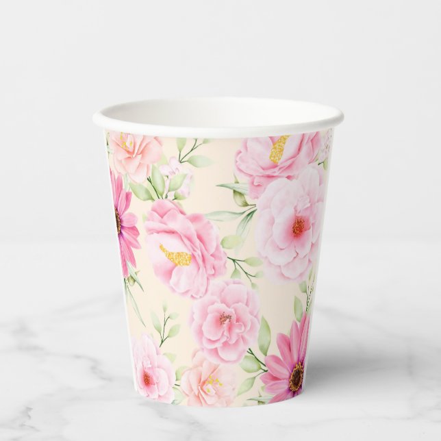 Gobelets En Papier Peinture de style vintage avec fleurs roses et ros (Recto)
