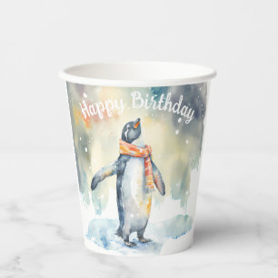 Gobelets En Papier Penguin dans un paysage enneigé - fête d'anniversa