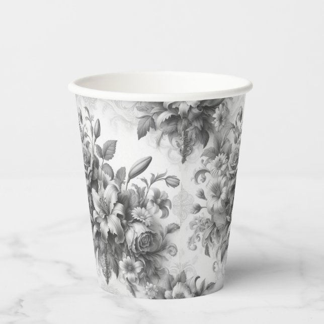 Gobelets En Papier Perfection florale noire et blanche (Recto)