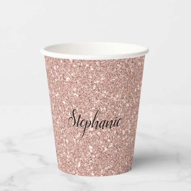 Gobelets En Papier Personalized Faux Rose Gold Glitter (Recto)