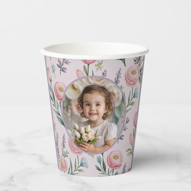 Gobelets En Papier Personalized Pastel Floral Photo Kids Birthday  (Recto)