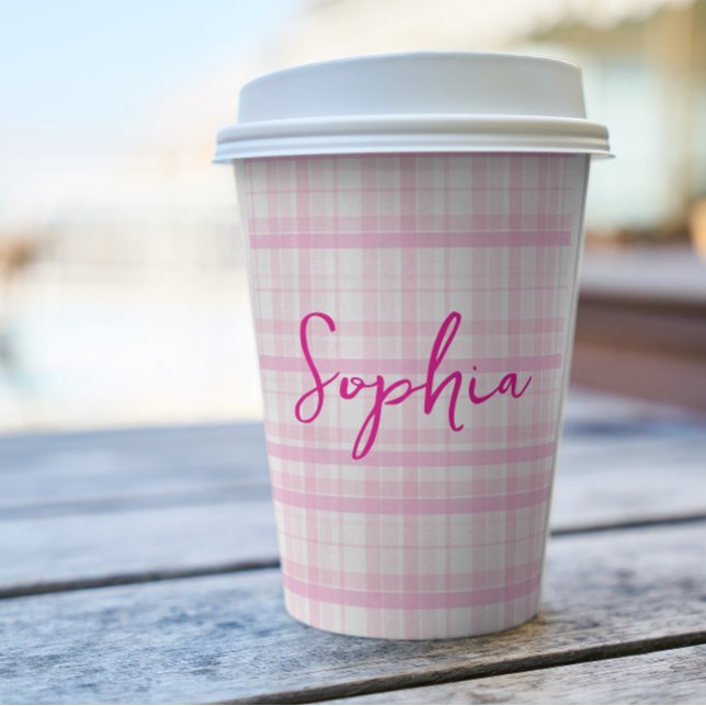 Gobelets En Papier Personalized Pink Plaid Paper Cups with Name  (Créateur téléchargé)