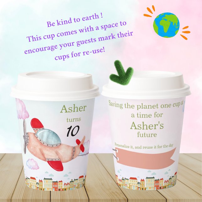 Gobelets En Papier Personalized Sustainable Red Airplane Birthday (Créateur téléchargé)