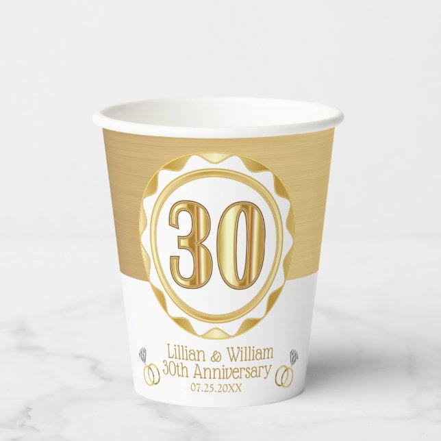 Gobelets En Papier Personnalisé 30ème Anniversaire d'or ou Anniversai (Recto)