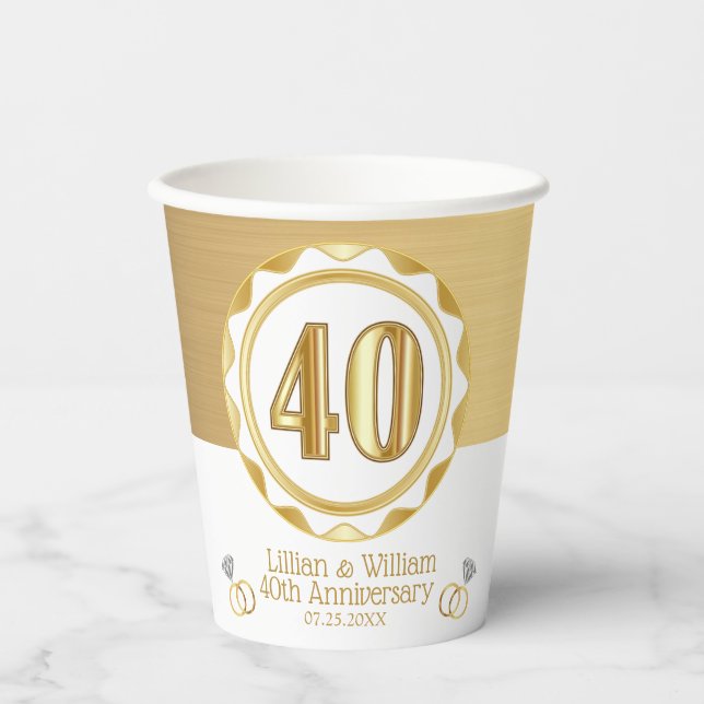 Gobelets En Papier Personnalisé 40ème Anniversaire d'or ou Anniversai (Recto)