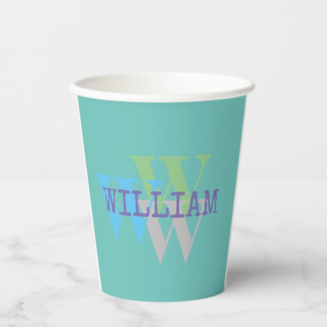 Gobelets En Papier "Personnalisé Monogram Cup - Blue Grey Modern" (Recto)